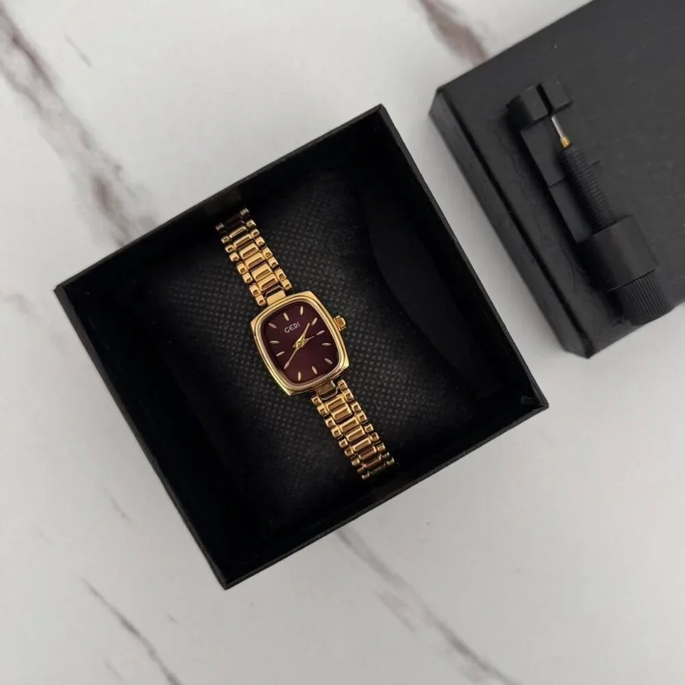 SKU0077‎ Gold Red dial Women Fashion Square Watch Stainless steel + gift bag